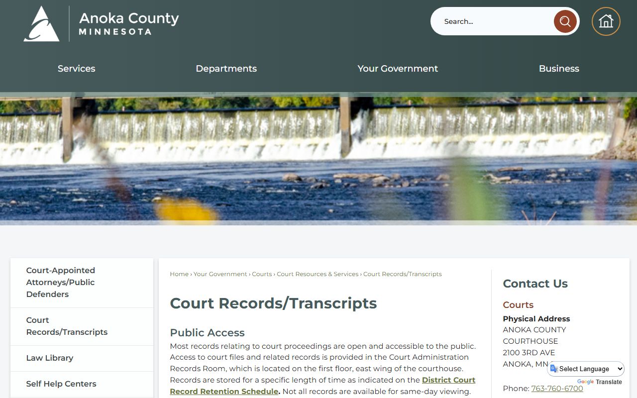 Anoka County Court Administrator records transcripts page