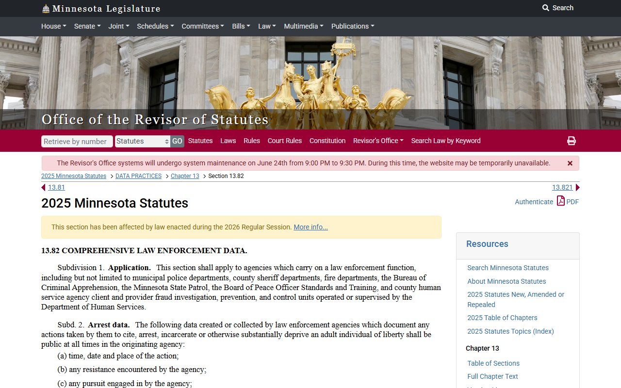 Anoka County arrest records Minnesota Statutes section 13.82 source