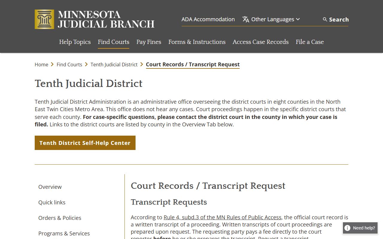 Anoka County court dockets Tenth District records and transcript source
