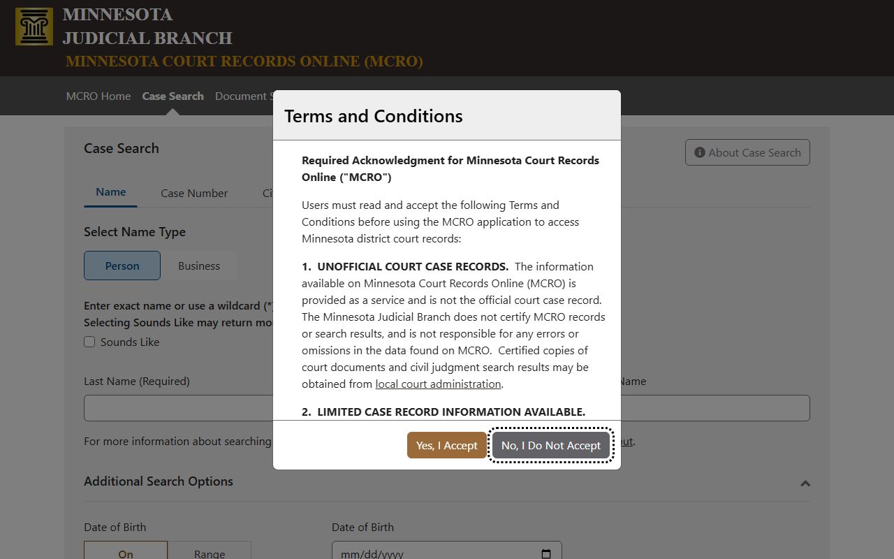 Anoka County court records MCRO case search page