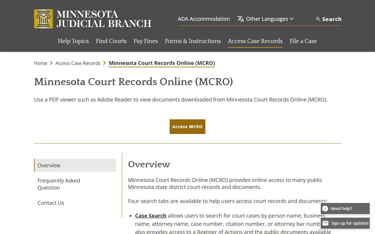 Anoka County court records MCRO overview and search tabs