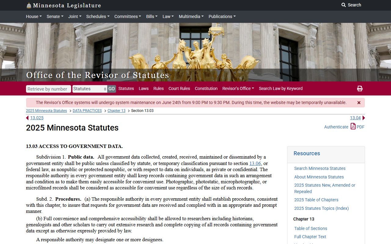 Anoka County court records Minnesota Statutes section 13.03 source