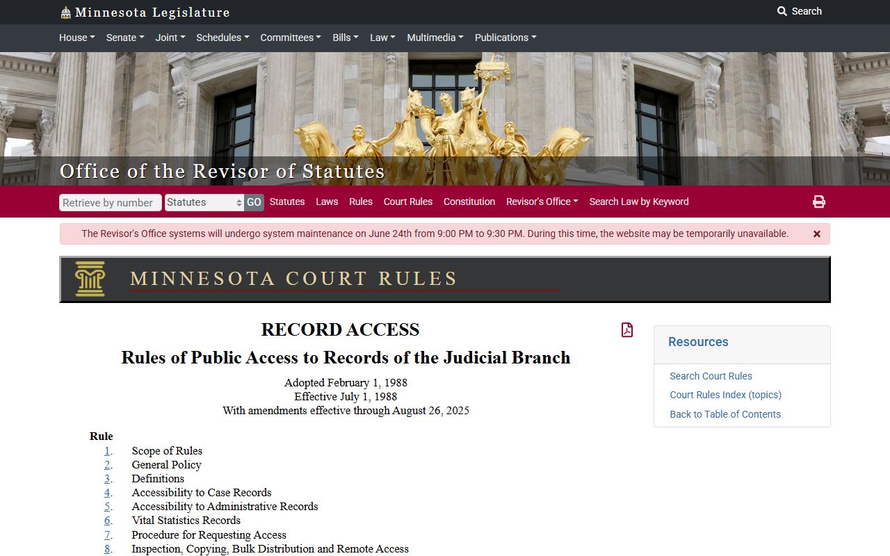 Anoka County court records Minnesota Rules of Public Access table