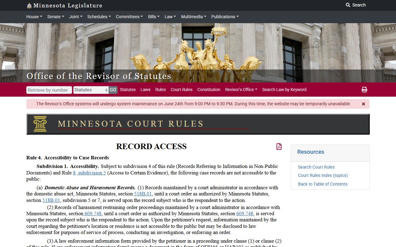 Anoka County court records Rule 4 restricted records source