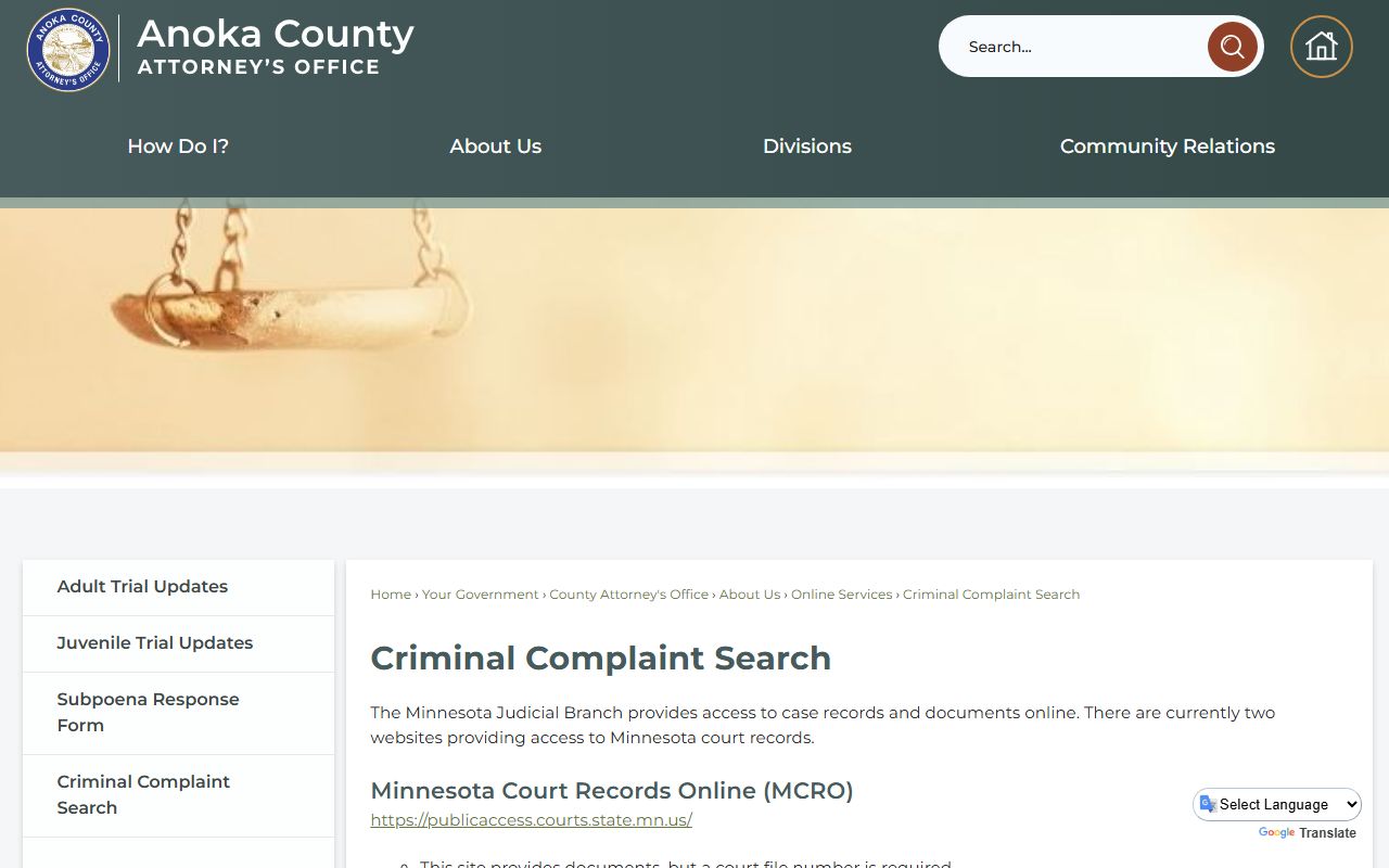 Anoka County criminal court records criminal complaint search source