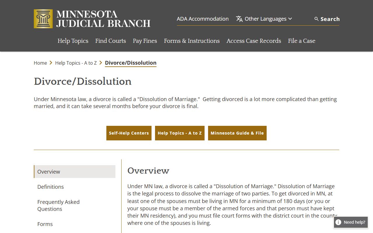 Anoka County District Court divorce dissolution help topic
