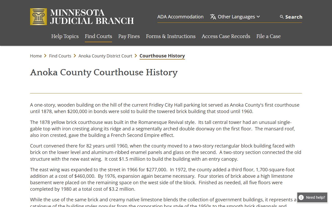 Anoka County District Court official courthouse history page