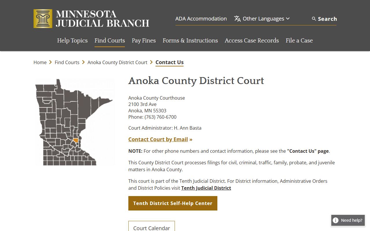 Anoka County Court records contact page