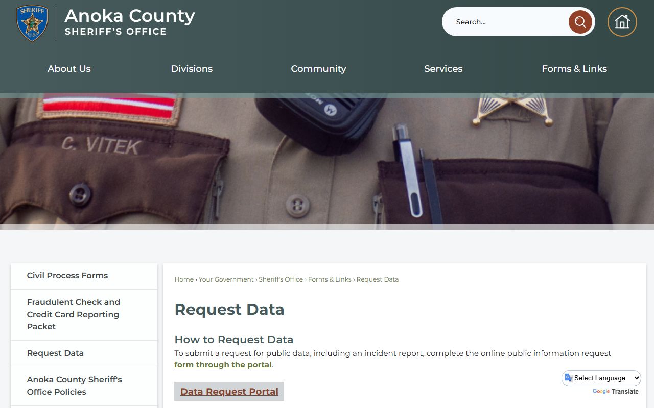 Anoka County public data request page for records access