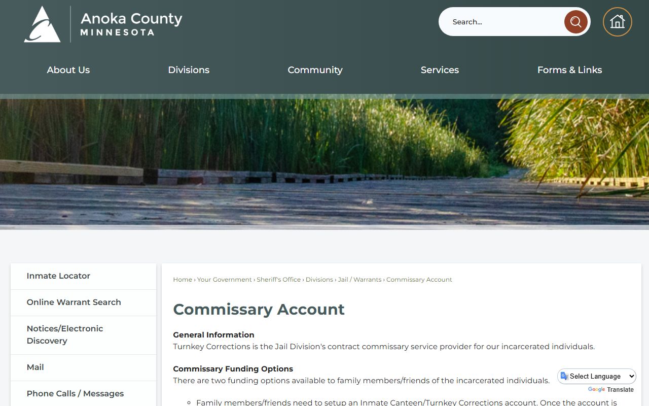 Anoka County commissary account page for Turnkey Corrections and Inmate Canteen funds