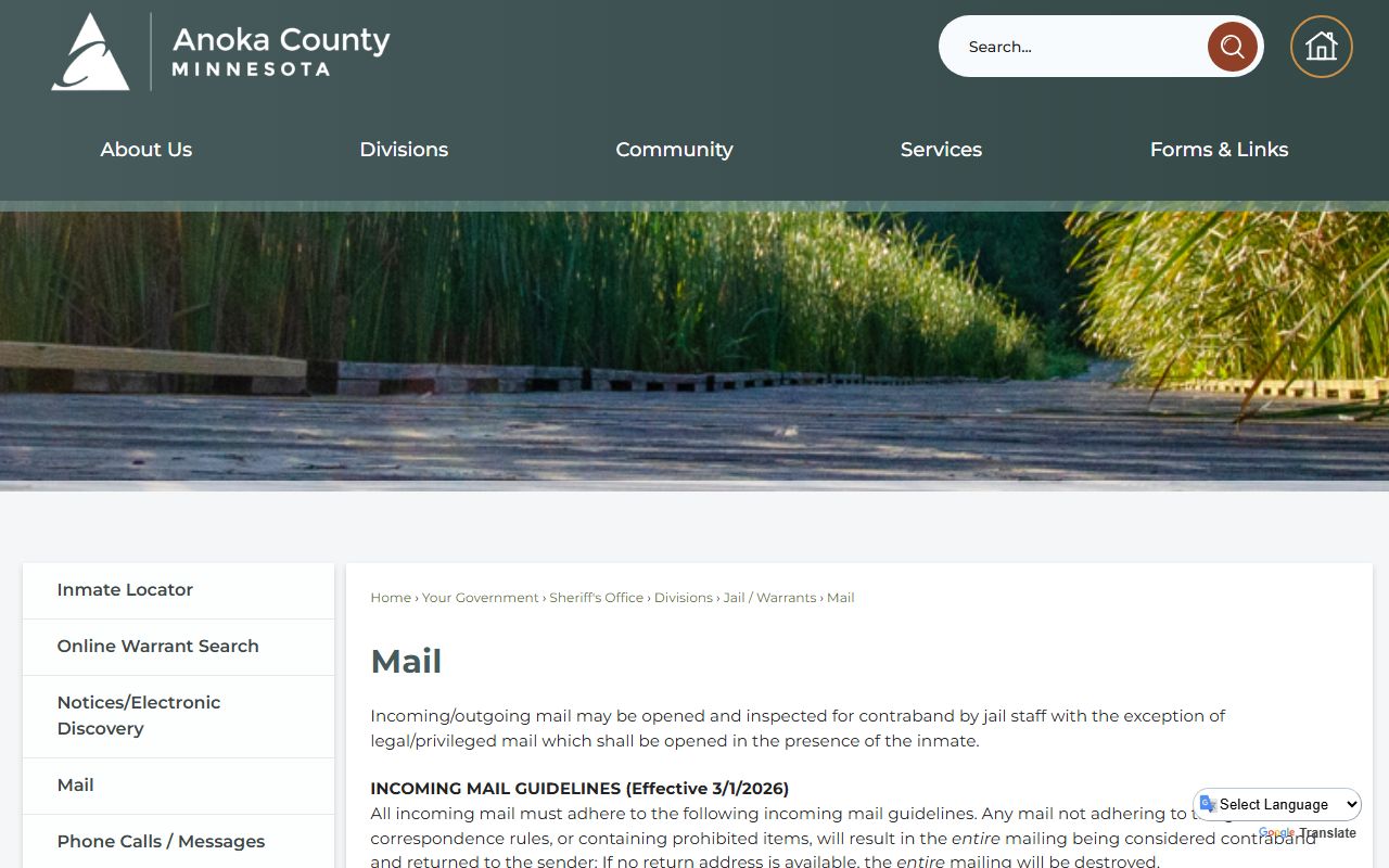 Anoka County jail mail rules page with mailing address and prohibited items