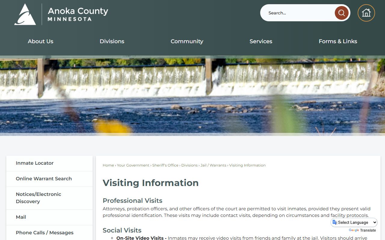 Anoka County jail visiting information page with on-site and remote visit details