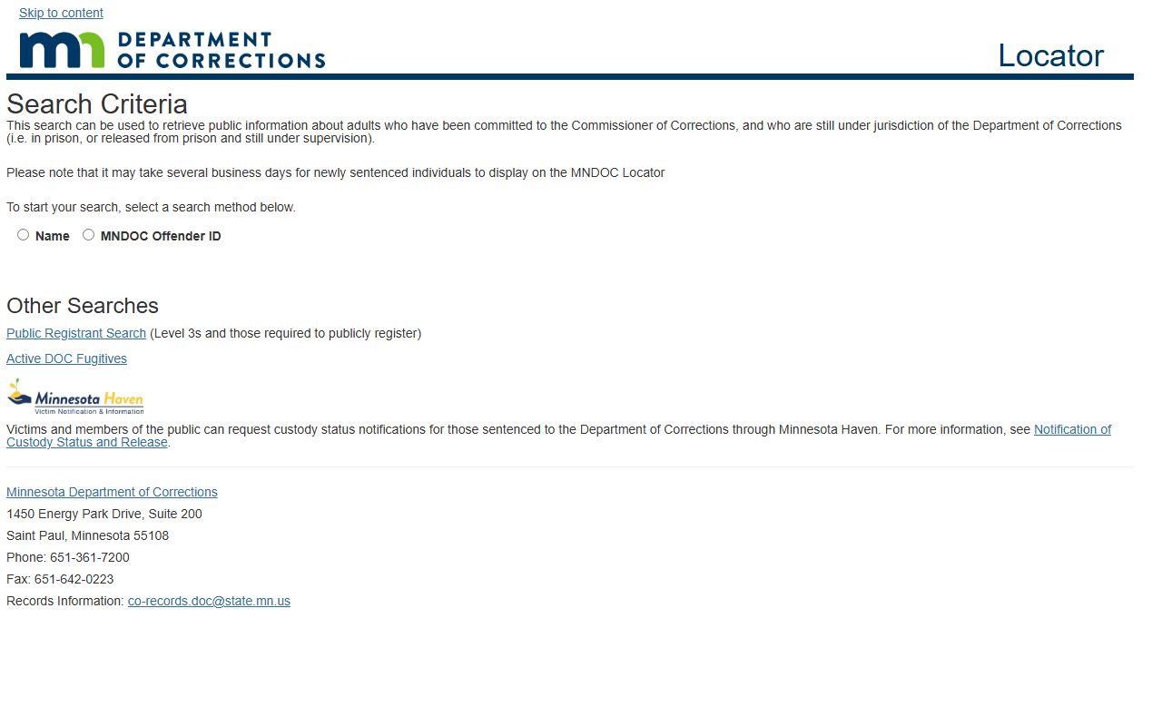 Minnesota Department of Corrections public offender locator page
