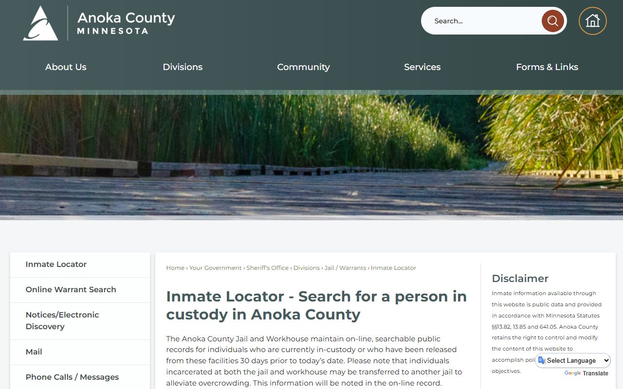 Official Anoka County inmate locator page for jail and workhouse custody searches