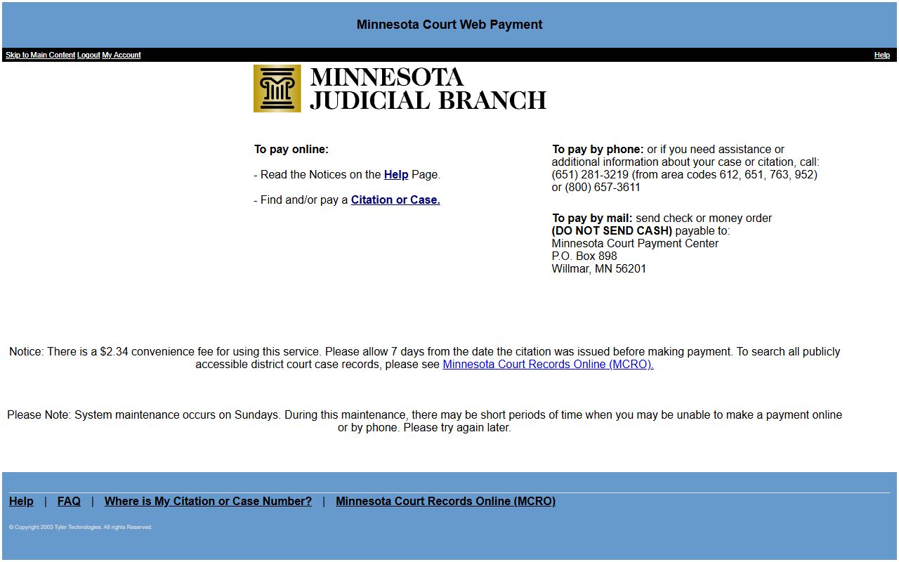 Minnesota Court Web Payment portal for citation and case payment