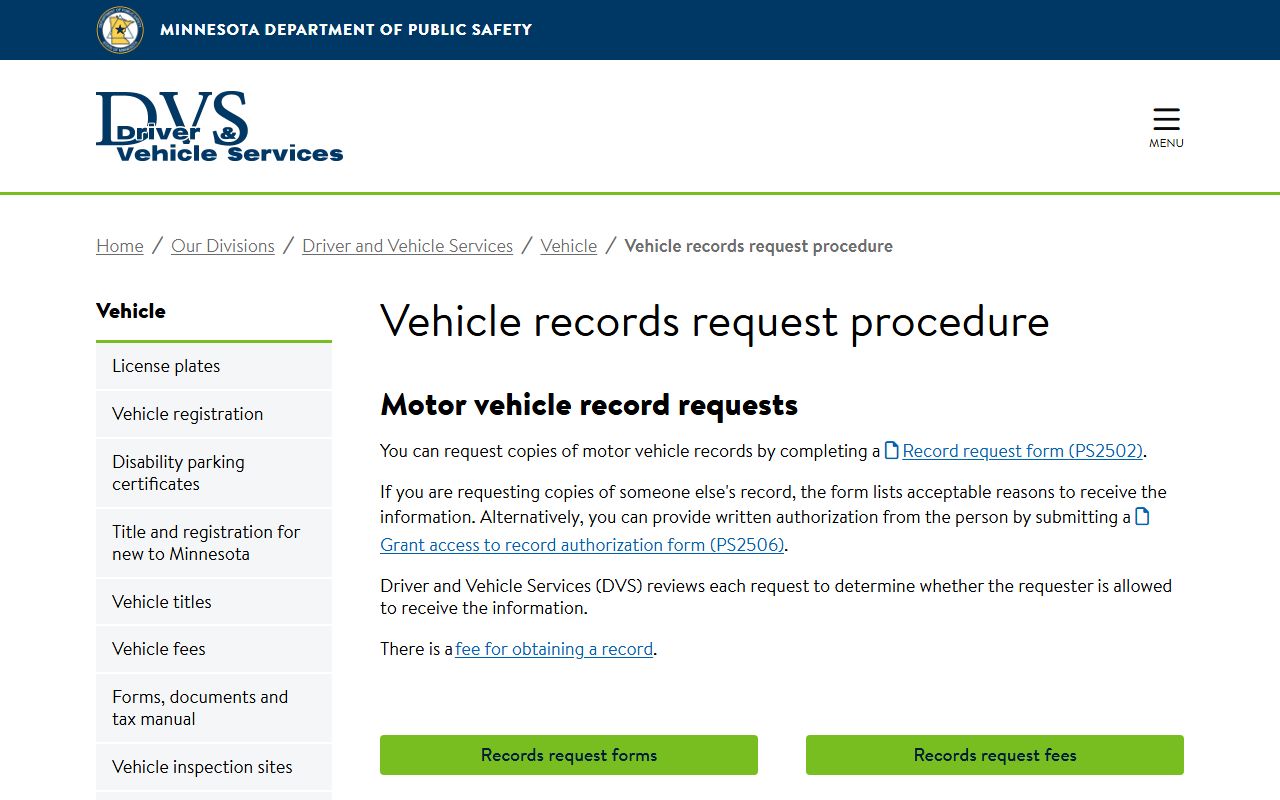 Minnesota Driver and Vehicle Services records request procedure page