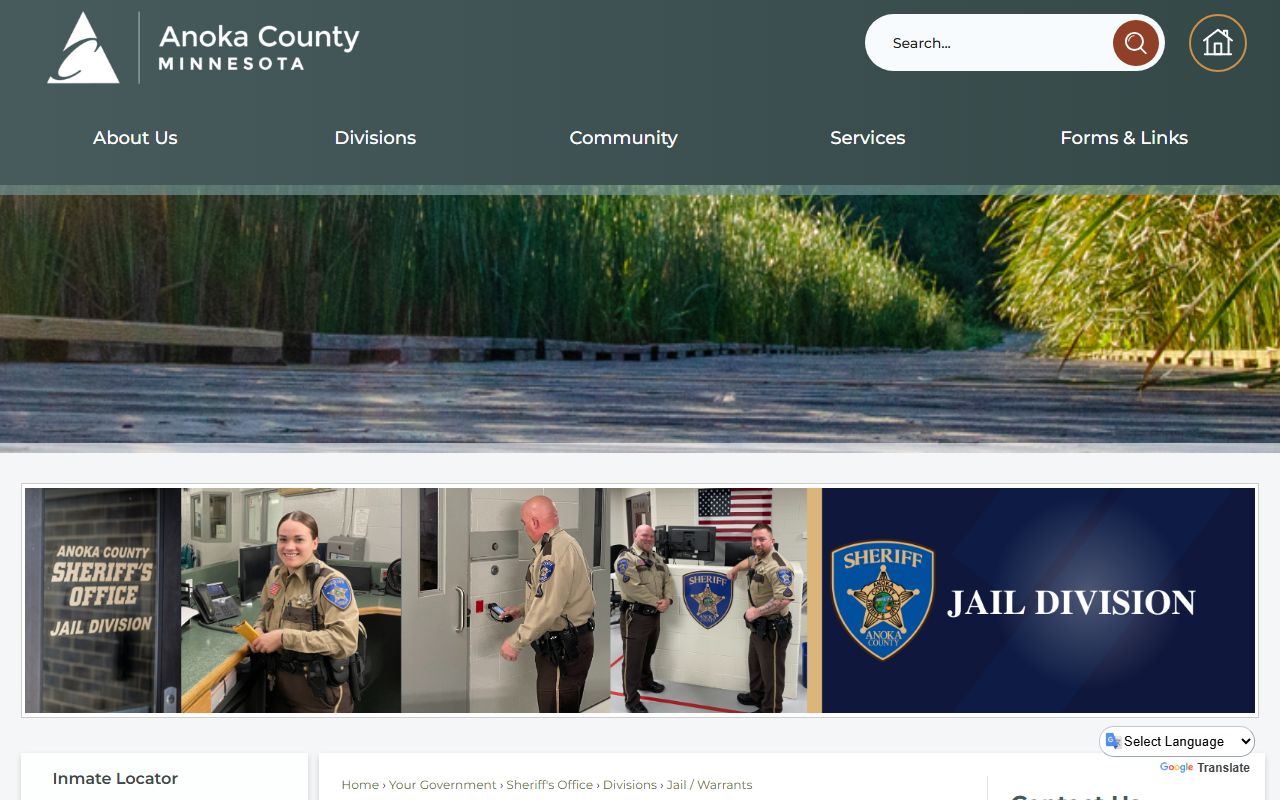 Anoka County Jail and Warrants page with links to inmate and warrant tools