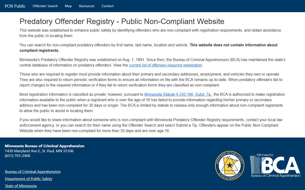 Minnesota predatory offender registry search page