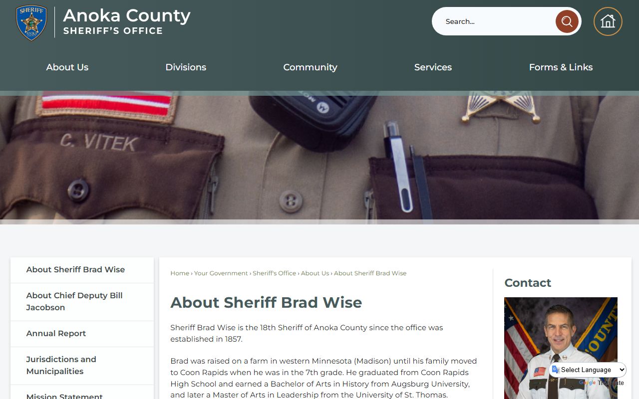 Official Anoka County Sheriff Brad Wise biography page
