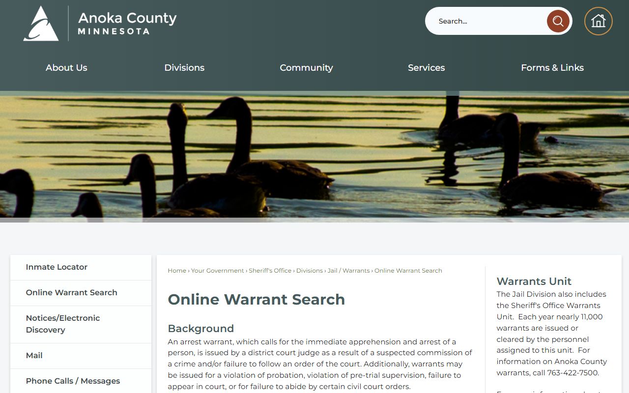 Anoka County Online Warrant Search disclaimer and agreement page